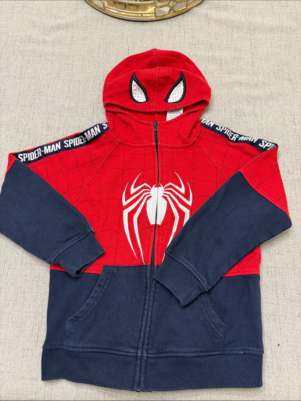 Marvel Spider-Man Red and Navy Zip-Up Hoodie with Web Hood. Boys Size 7